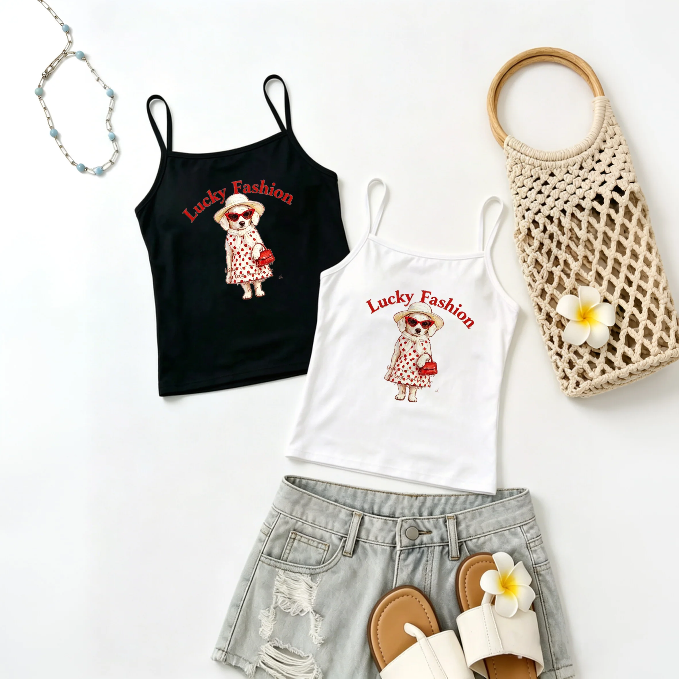 Women Tank Top Cute Fashion Puppy Dog In Polka‑dot Outfit Graphic Spaghetti Strap Camisole Summer Sleeveless Black White Vest
