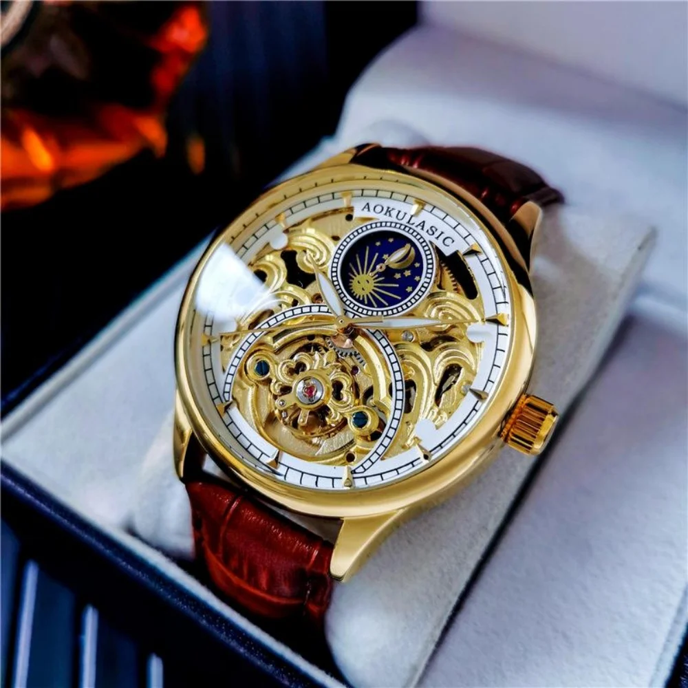 

New High-End Double-Sided Hollow Business Automatic Mechanical Watch for Men, Waterproof Leather Fashion Casual Simple Stylish Trendy Men's Wristwatch