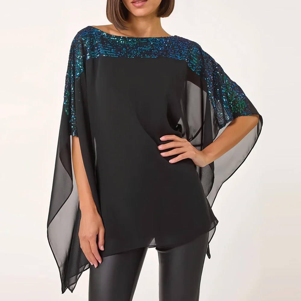 

Women Chiffon Blouse Cape Sleeve Casual Vintage Office Lady Sequined Patchwork Plus Size Shirt Tops Autumn Female Blouse