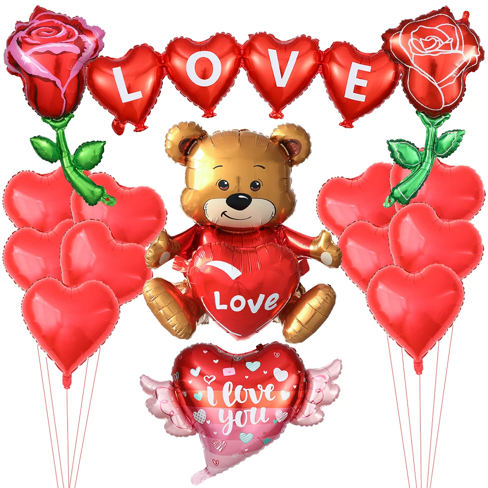 

15Pcs/Set Valentine's Day Balloon Set Love Bear Rose Foil Balloon Valentine's Day Wedding Proposal Engagement Party Decoration