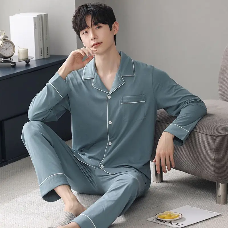 Autumn Pajamas Sets Men Long Sleeve  Cotton Thin Teenage Boys' Large Size Spring Outwear Home Cloth Suit Sleepwear Male