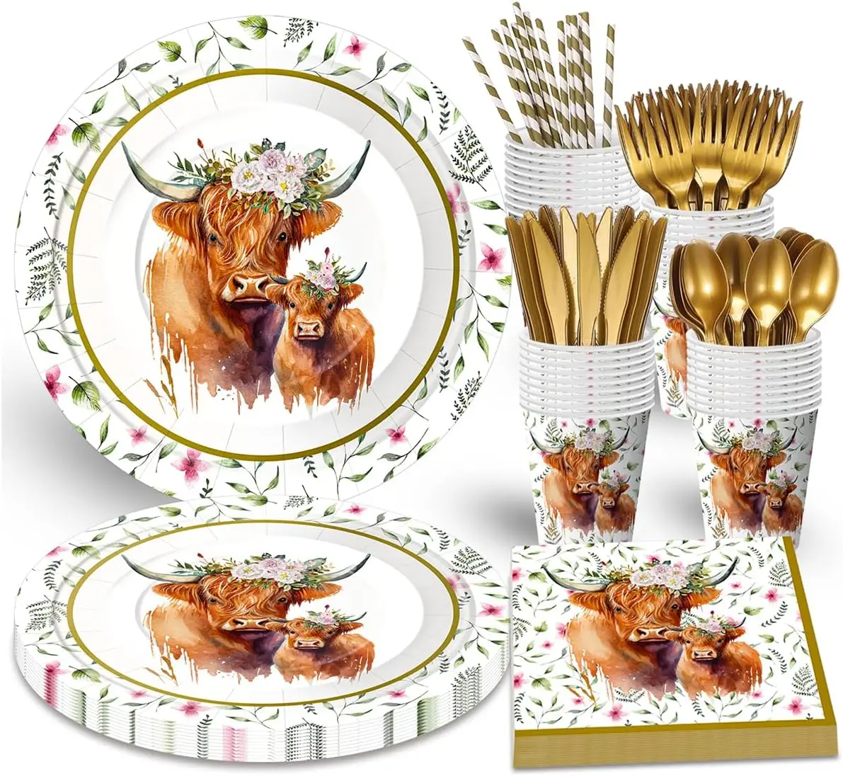 Farm Animals Party Tableware Set, Plates, Straws, Cups, Napkins, Highland Cow Print, Birthday Decorations