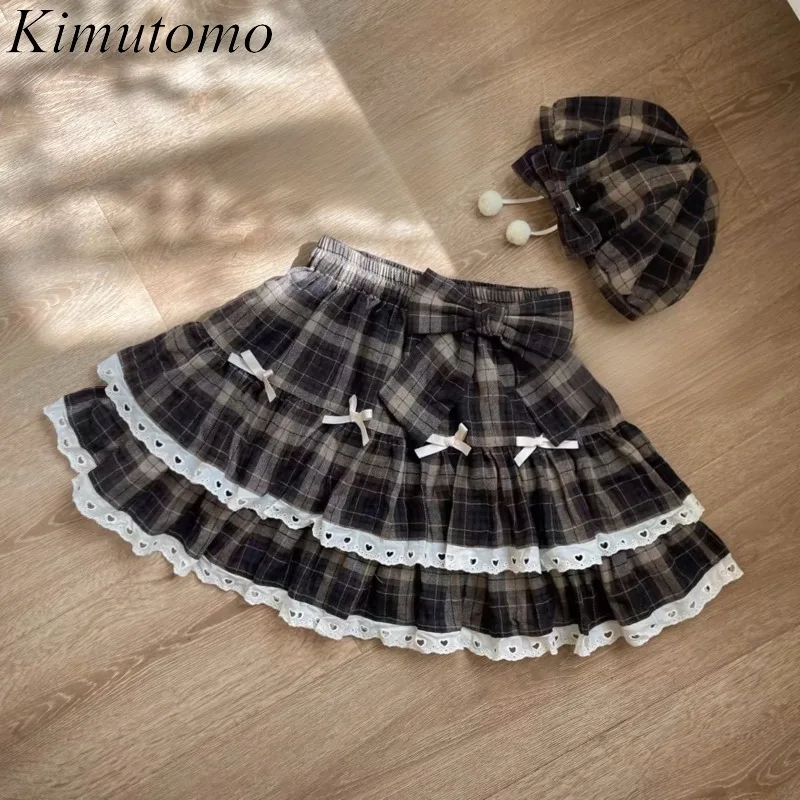

Kimutomo Mini Skirts Women Preppy Style Plaid Bow High Waist Spring Autumn Fashion JK Style Skirt Ladies Vintage Y2k Casual