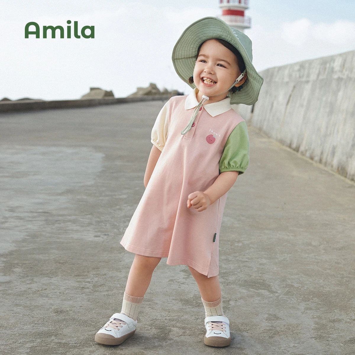 Amila Girls' Dresses Children's Clashing Princess Sleeves Splicing 2022 Summer New Sweet Casual Polo Dress