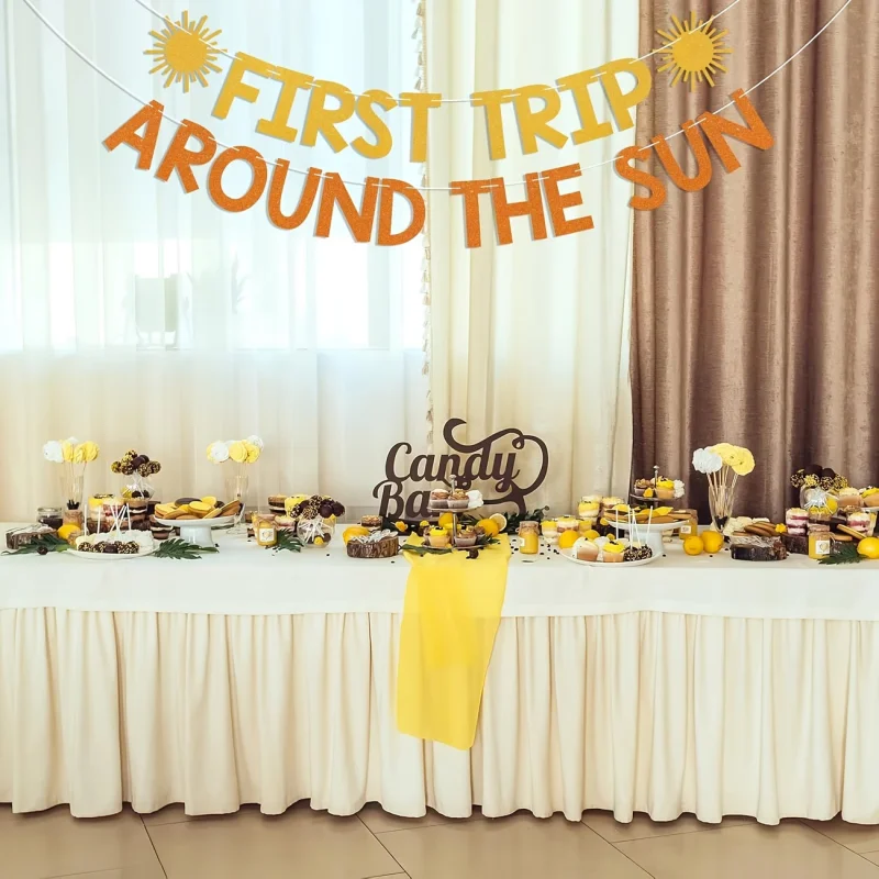 First Trip Around The Sun Banner - Boho Sun 1st Birthday Party Glitter Banner for First Birthday Decorations