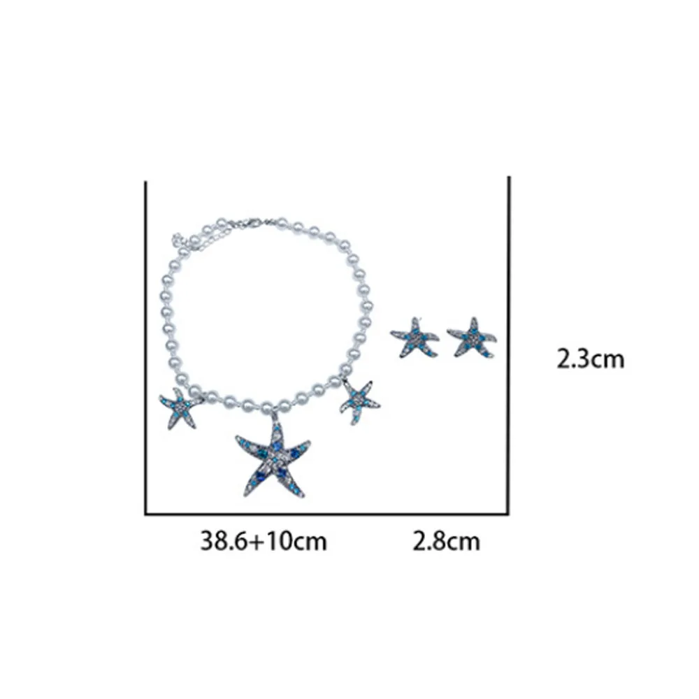 Blue Starfish Pearl Necklace Earrings For Women Girls Fashion Cute Diamond Studded Ear Stud Wedding Party Jewelry Sets Gifts