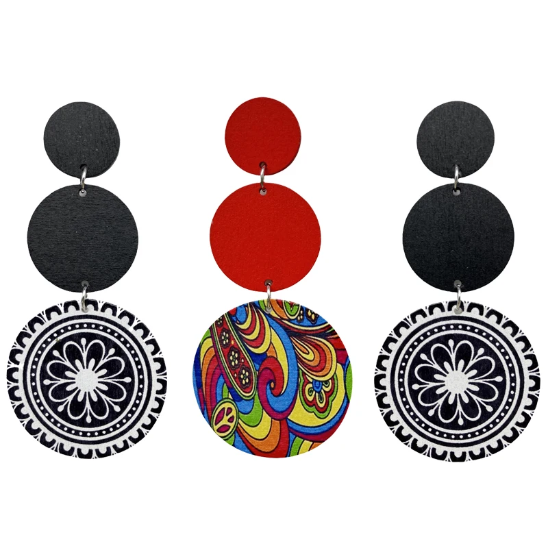 Vintage Black Circle Wooden Long Earrings Creative Ethnic Red Pattern Circle Patch Tassel Hanging Earrings For Women