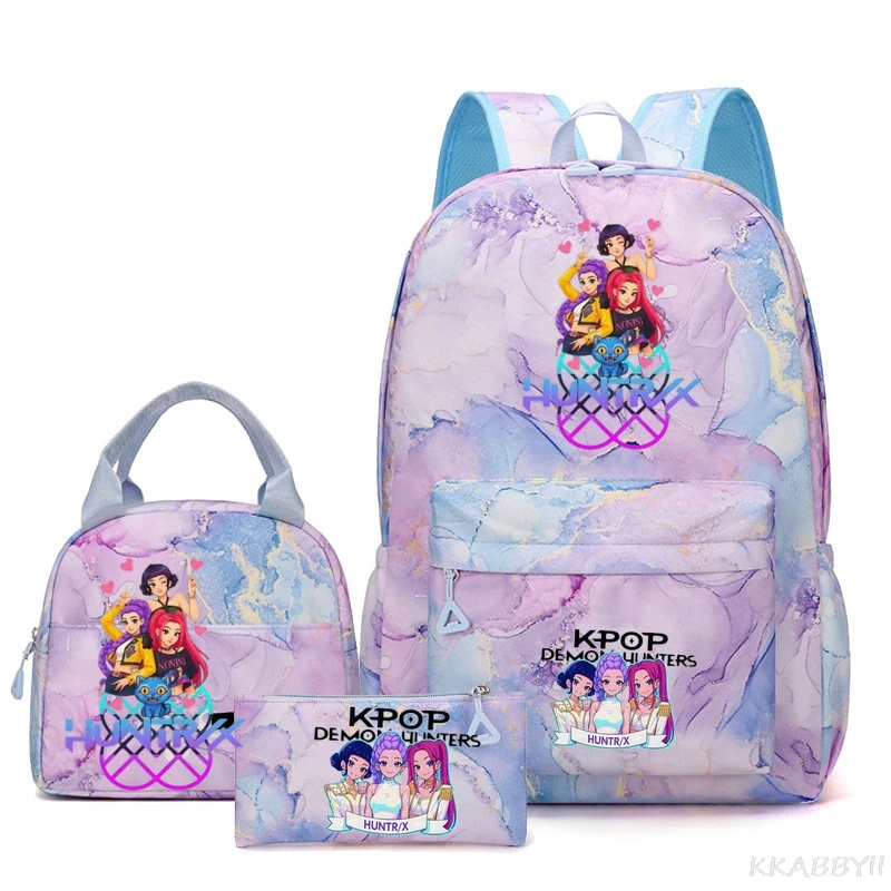 KPop Demon Hunters Print Backpack Set With Lunch Bag Pencil Bag Boys Student Backpacks Capacity Light Laptop Travel Knapsacks
