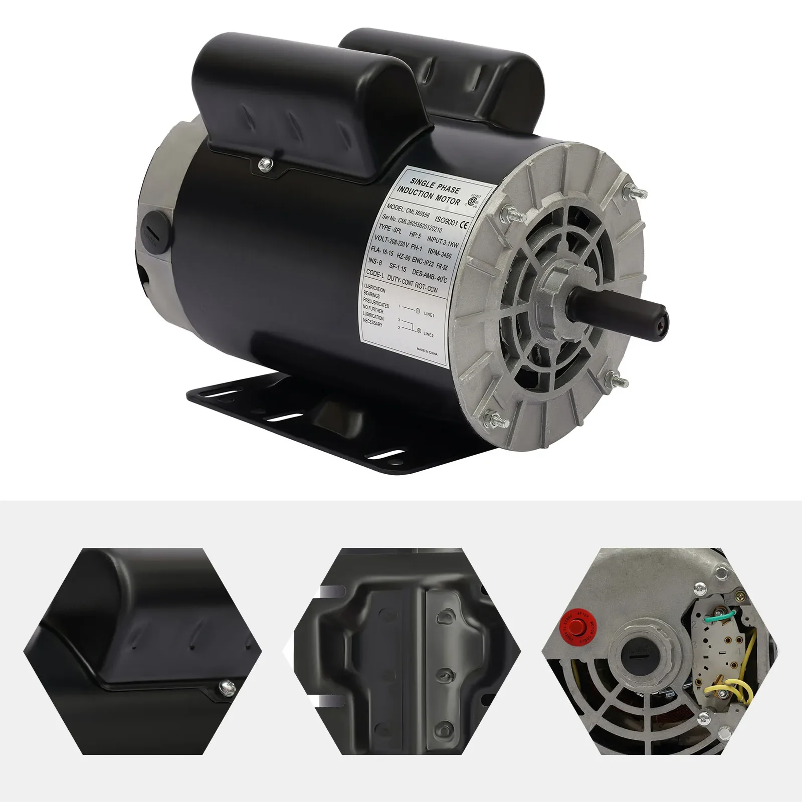 

Air Compressor with HP 5SPL Single AC Phase Steel Housing with Overload Protection 3600rpm for Pumps Fans Machinery