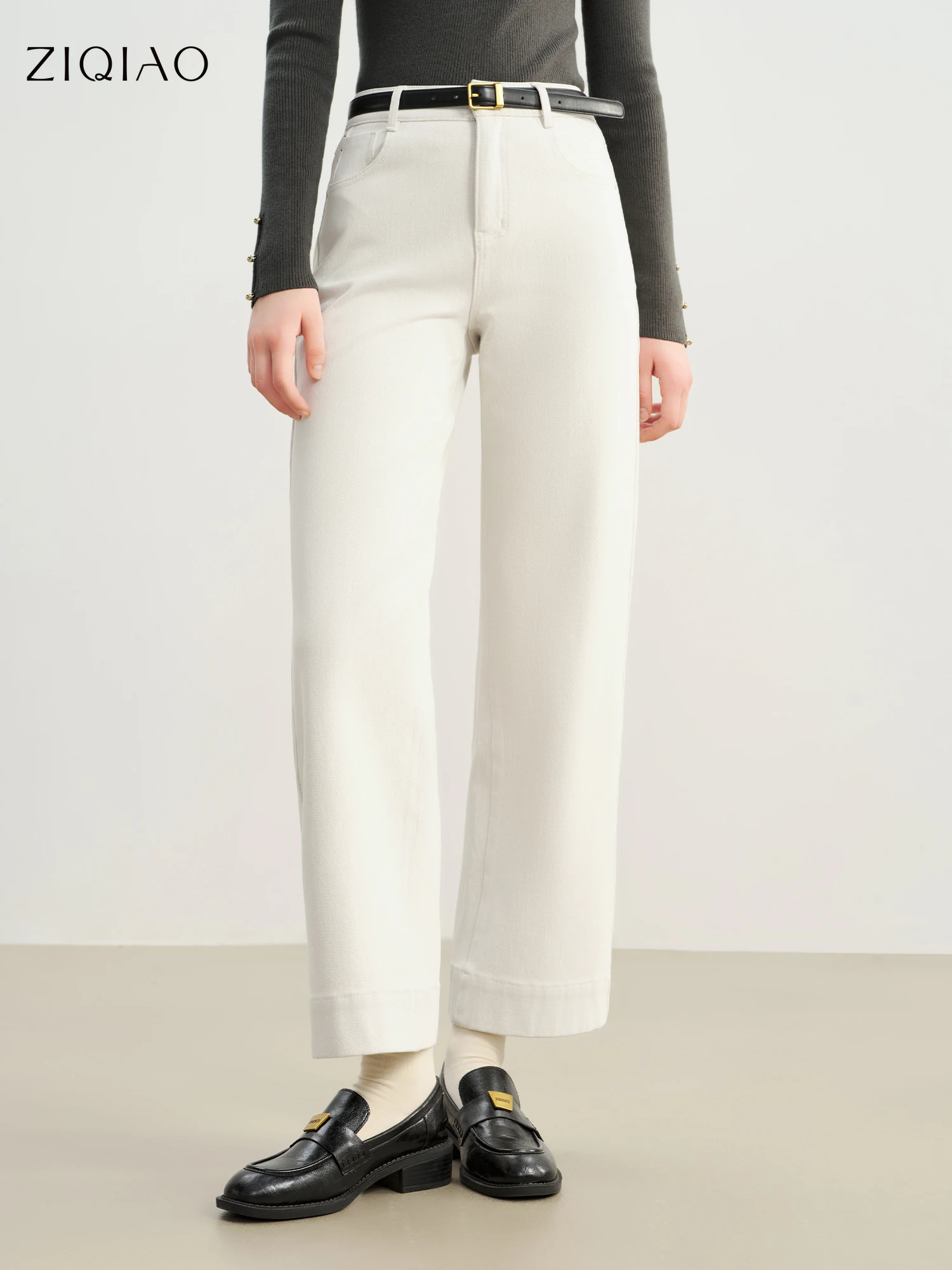 

ZIQIAO 2025 Autumn/Winter New Arrival Stretchy White Faux Denim High-Waisted Straight Leg Cropped Casual Pants for Petite Women