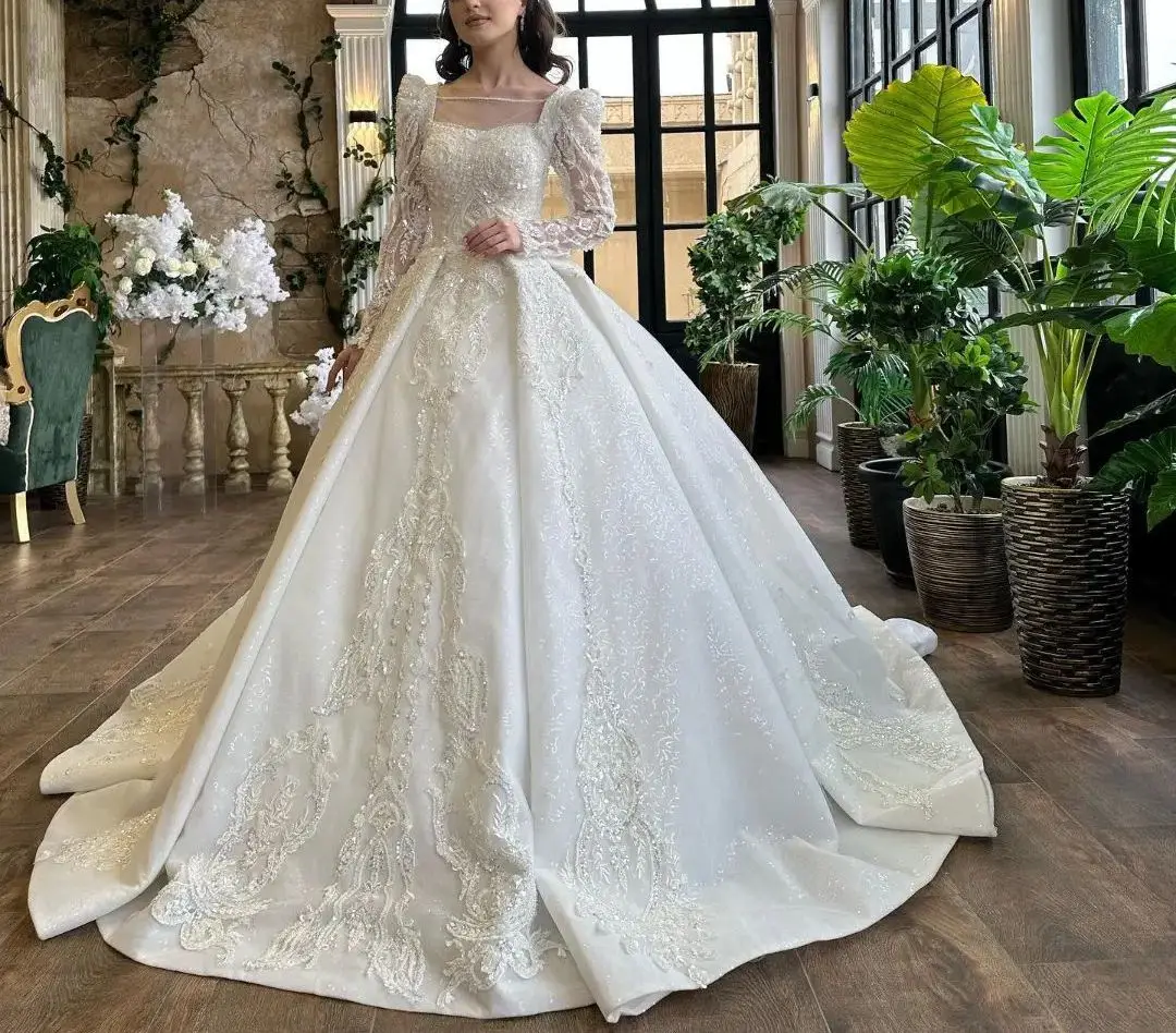 

Luxury Ball Gown Wedding Dress Long Sleeves Bateau Elegant Appliques Sequins Ruffles Princess Bridal Gowns Vestido De Novia