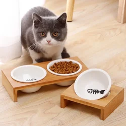 1pcs Pet cat and dog Double bowl Single bowl Ceramic bowl bamboo table into cat non-slip double bowl Dog cat food bowl