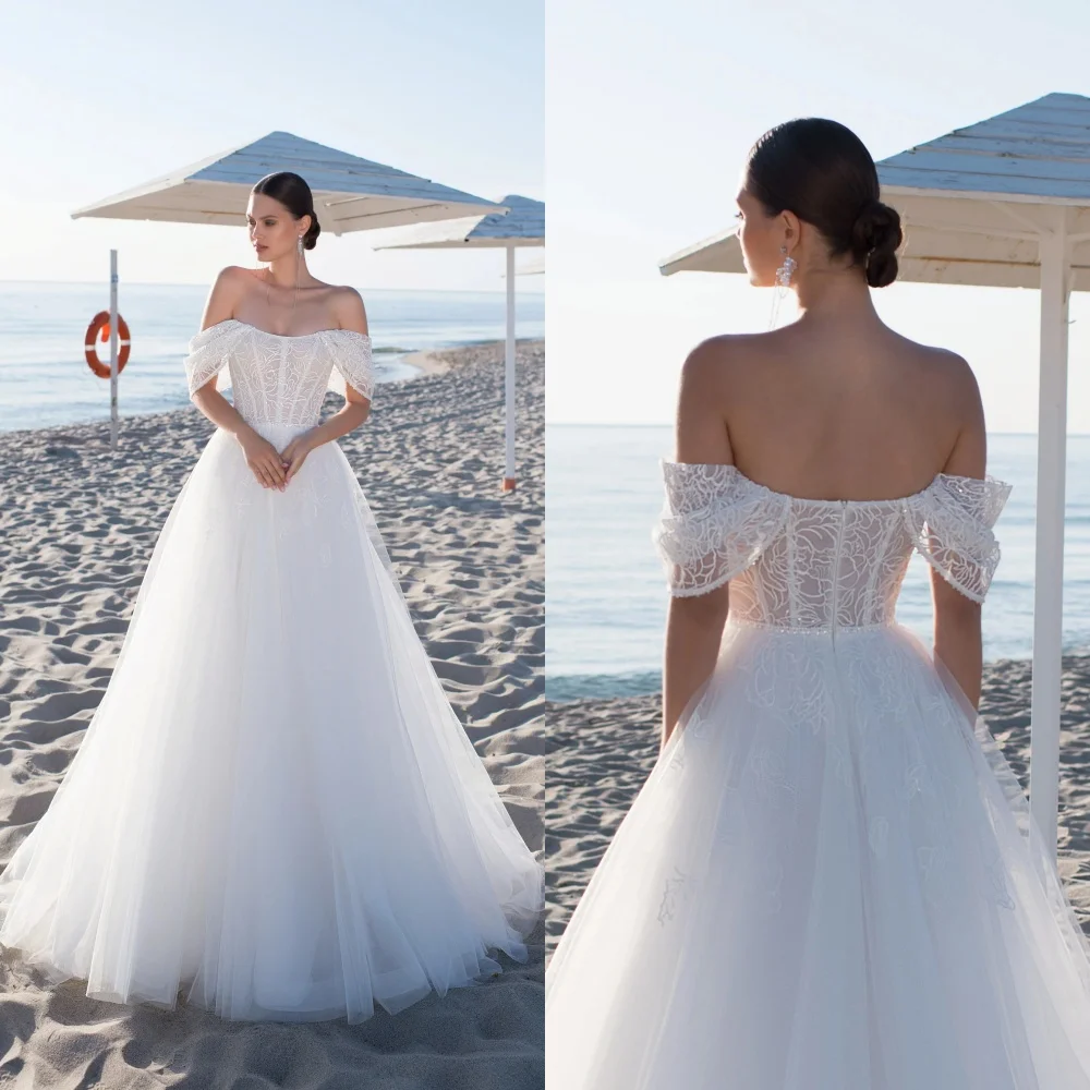 

Customized Exquisite White Organza Wedding Dress High Quality Strapless Off the Shoulder Short Sleeves Chapel Train Bridal Gowns