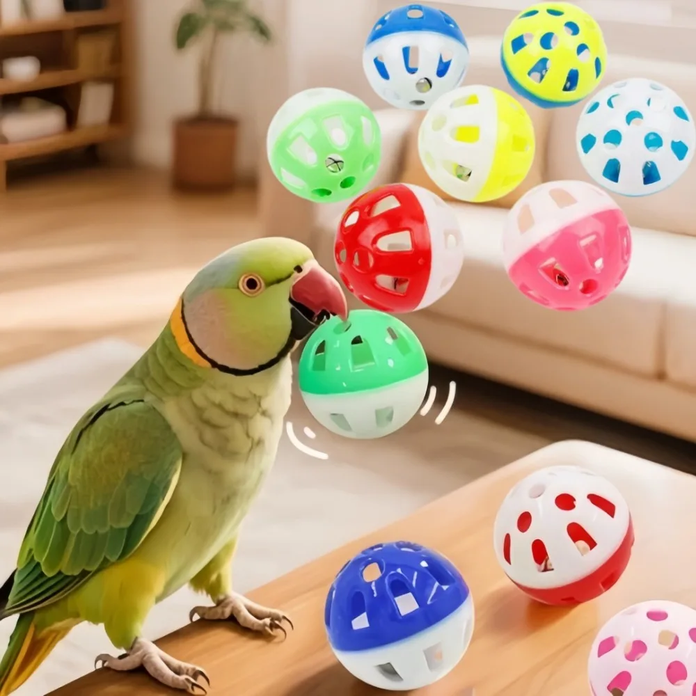 5 Stück Plastik-Spielbälle für Haustiere, Papageien und Katzen, Farbige Hohle Glockenbälle, Kauspielzeug für Vogelkäfige, Interaktives Spielzeug für Haustier-Vogelzubehör