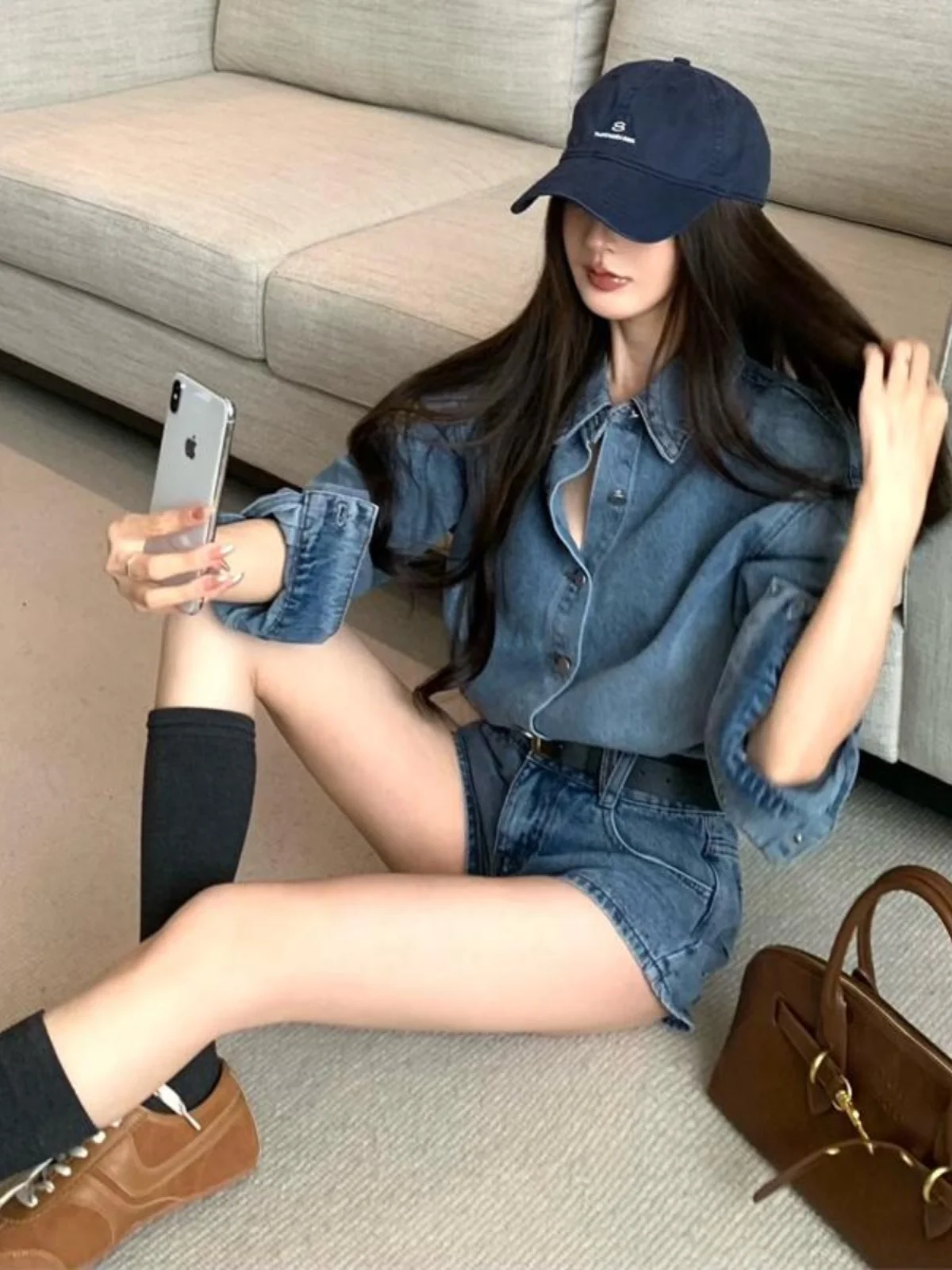 

Модный женский джинсовый комплект в стиле ретро Personali Long Sve irt, сексуальные орты с высокой талией, осенняя коллекция, полиэфирная ткань