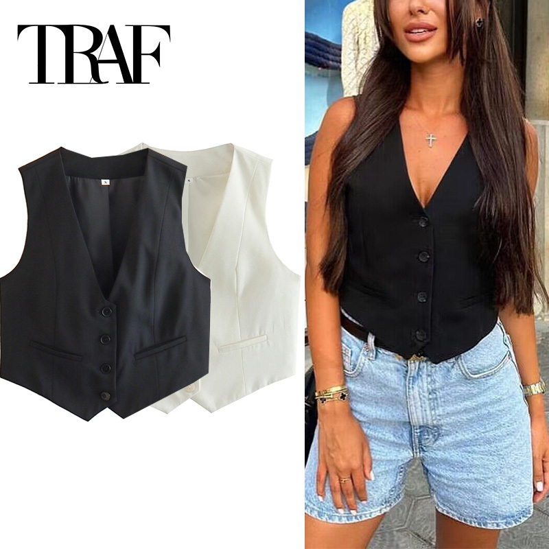  TRAF Women's Vest Black White Cropped Vest Top Women V Neck Sleeveless Vest Woman Fashion Working Summer Suit Vest Short Coats 