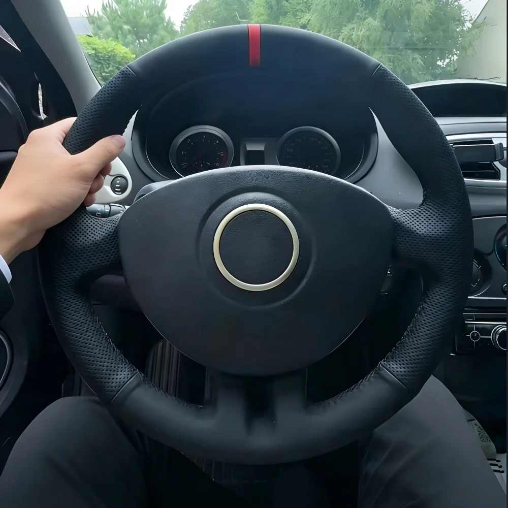 Autozubehör Handgenähter schwarzer perforierter Mikrofaser-Leder-Lenkradbezug 2005-2013 Clio 3 RS für Renault Clio 3
