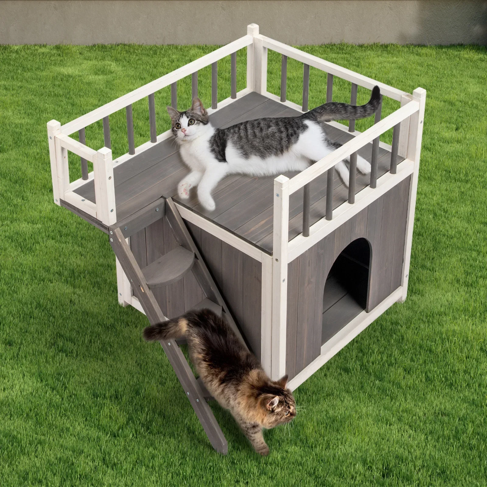 

72 * 56 * 65cm 2-story cat house with ladder gray+white cedar wood cat and dog house