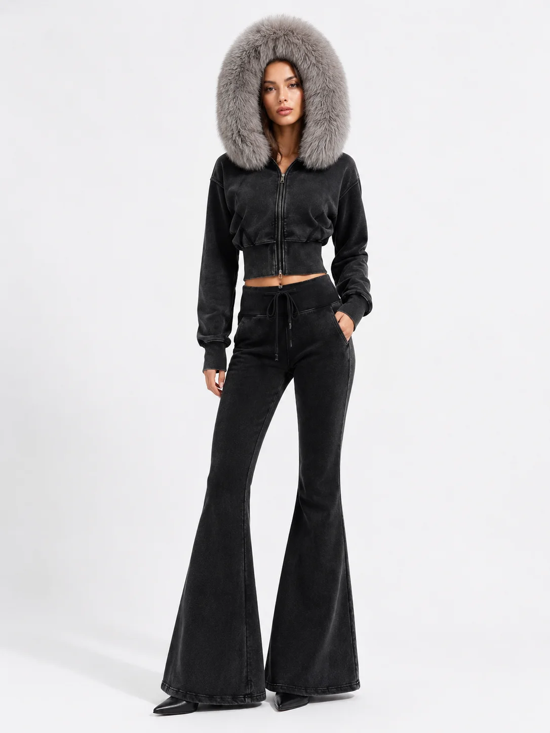 OFTBUY Flare Pants Set Female Washed Denim Look New Autumn Winter Tracksuit Women 2-Piece Outfit Real Fox Fur Hooded Crop Jacket