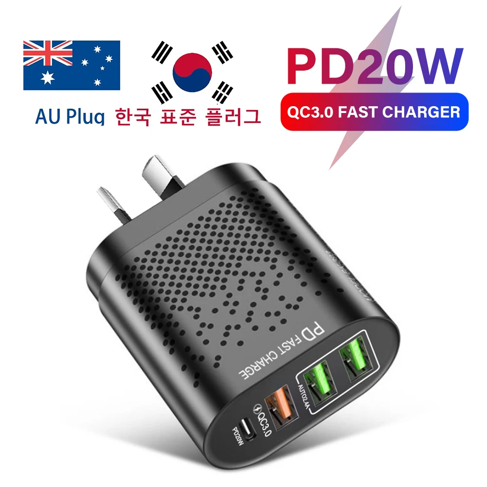 GTWIN USB Type C Charger PD20W Ausralian AU Plug USB C Charger QC3.0 Korean KR/EU/EK Plug Fast Charging 3 Ports Wall Charger