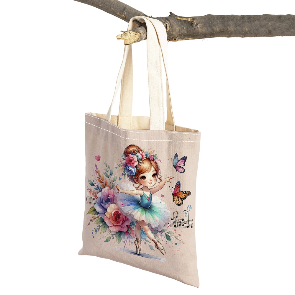 

Ballerina Flower Butterfly Women Shopper Bag Double Print Shopping Bags Casual Cute Cartoon Ballet Girl Tote Lady Handbag