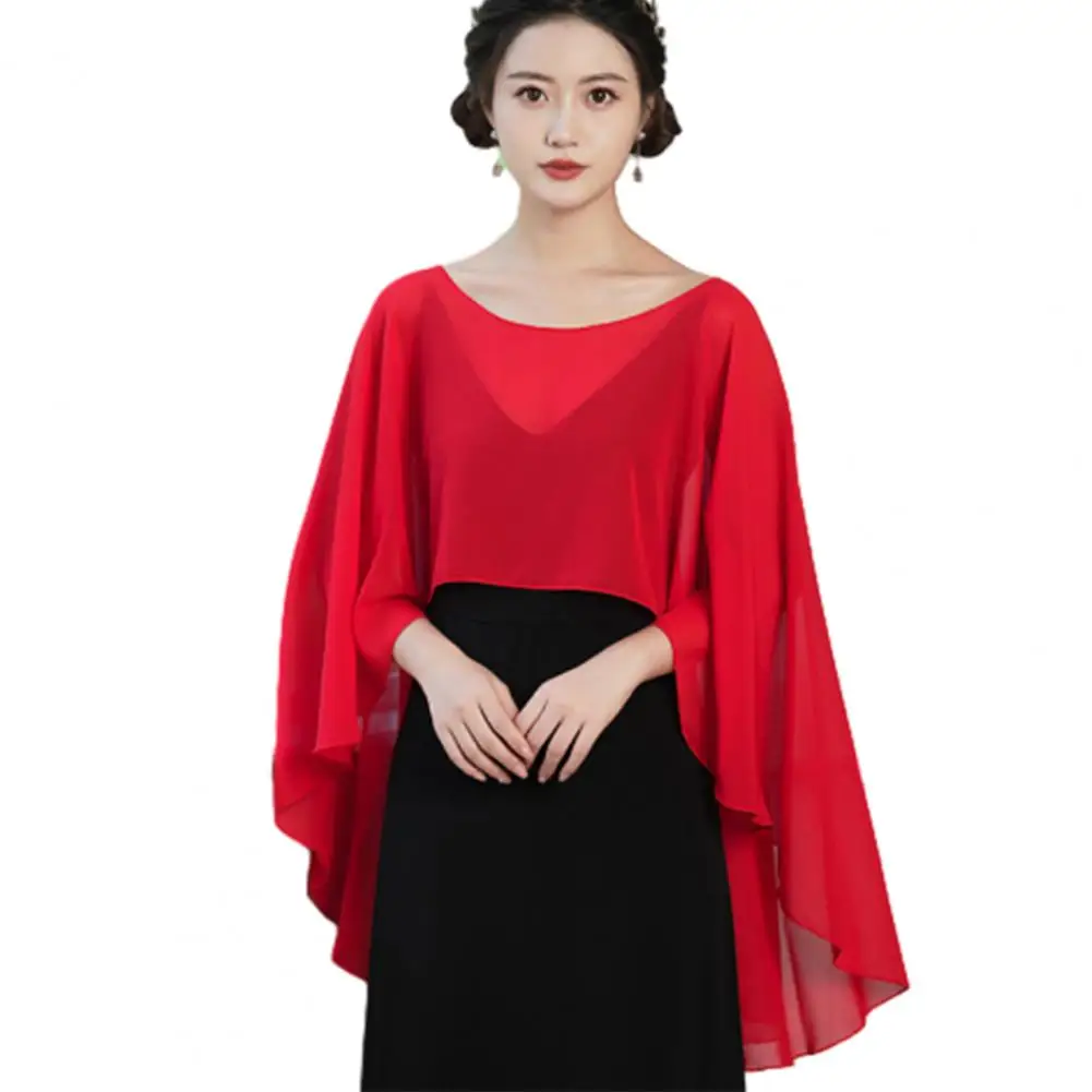 Chiffon Silk Women Bridal Shawl Round Neck Front Low Back High Grown Shawl Solid Color Thin Sunscreen Versatile Bridal Wrap