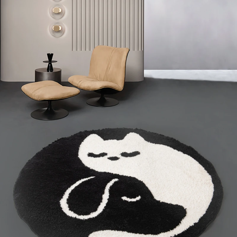 

Black White Yin And Yang Cat Dog Pattern Area Rug for Living Room Bedroom Bathroom Fluffy Circle Carpet Plush Tufted Art Rug