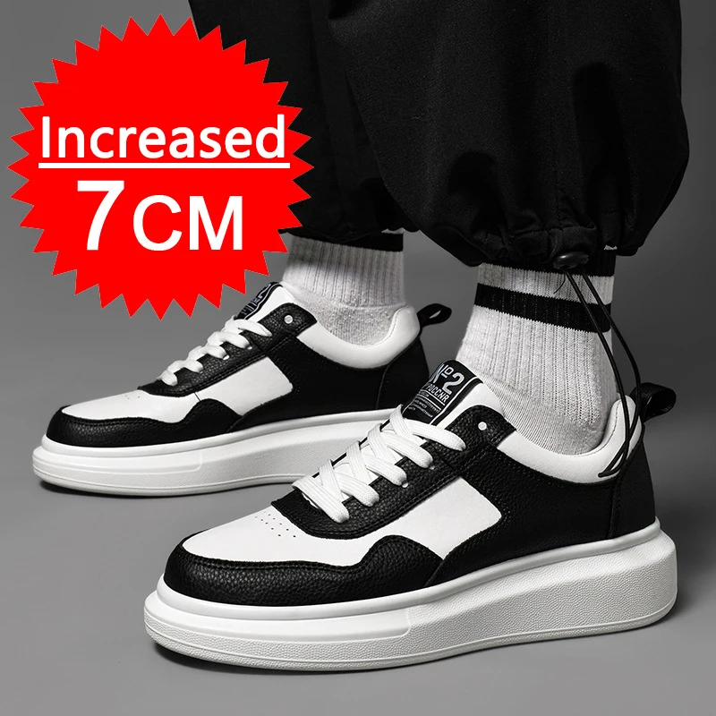 

Fashion Men Sneakers Elevator Shoes Heightening Height Increase Insole 7CM High Heels Shoes Leather Sport Shoes Plus Size 38-45