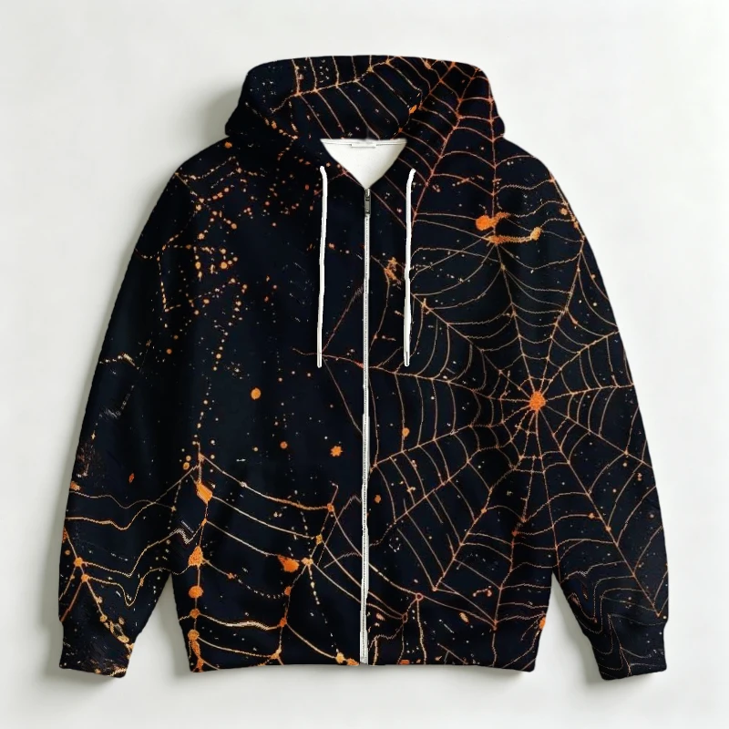 Mens Halloween Hoodie Abstract Spiderweb Splatter Paint Graphic Print Long Sleeve Zip Front Hooded Jacket Plus Size
