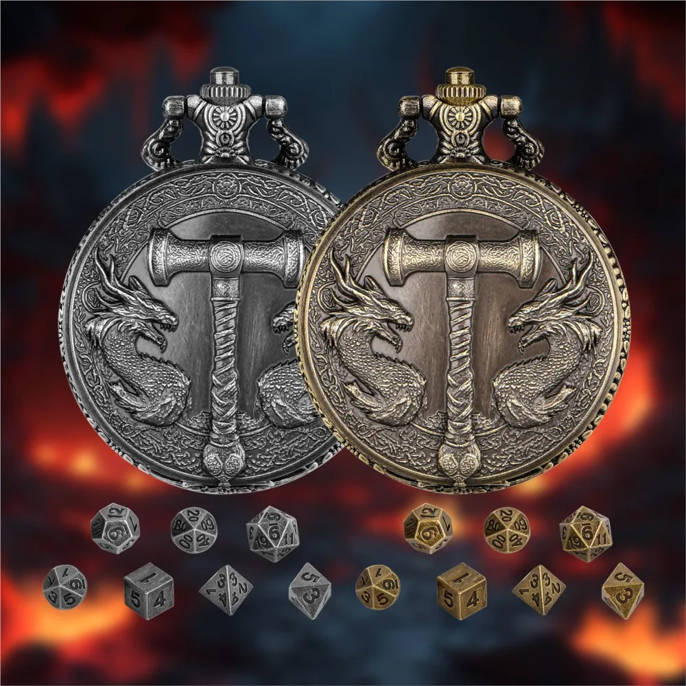 7 Mini Metal DND Dice, Bronze Hammer Double Dragon Pocket Watch Dice, Suitable for DND Dice Players Dragon Pocket Watch Box
