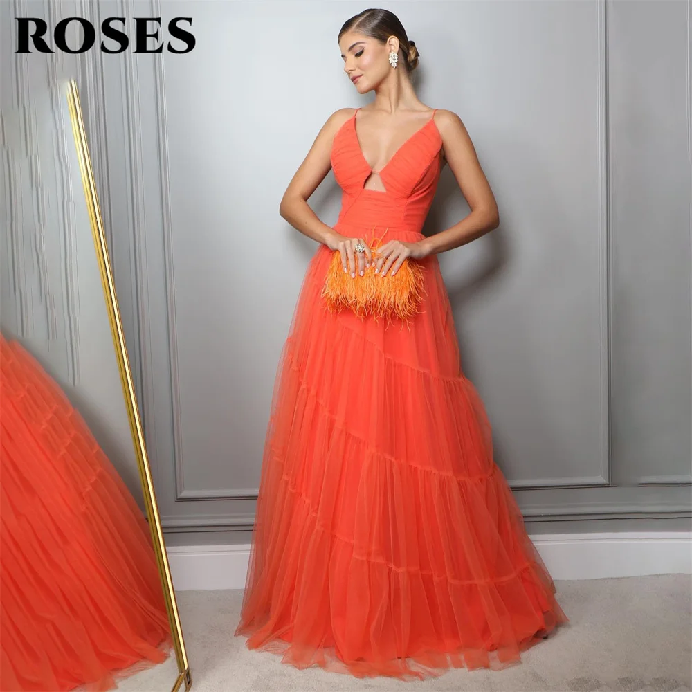 

ROSES Spaghetti Strap Chic Woman Evening Dress Gown Net Orange Ball Gown Net V Neck A Line Night Dresses Gown robes de soirée