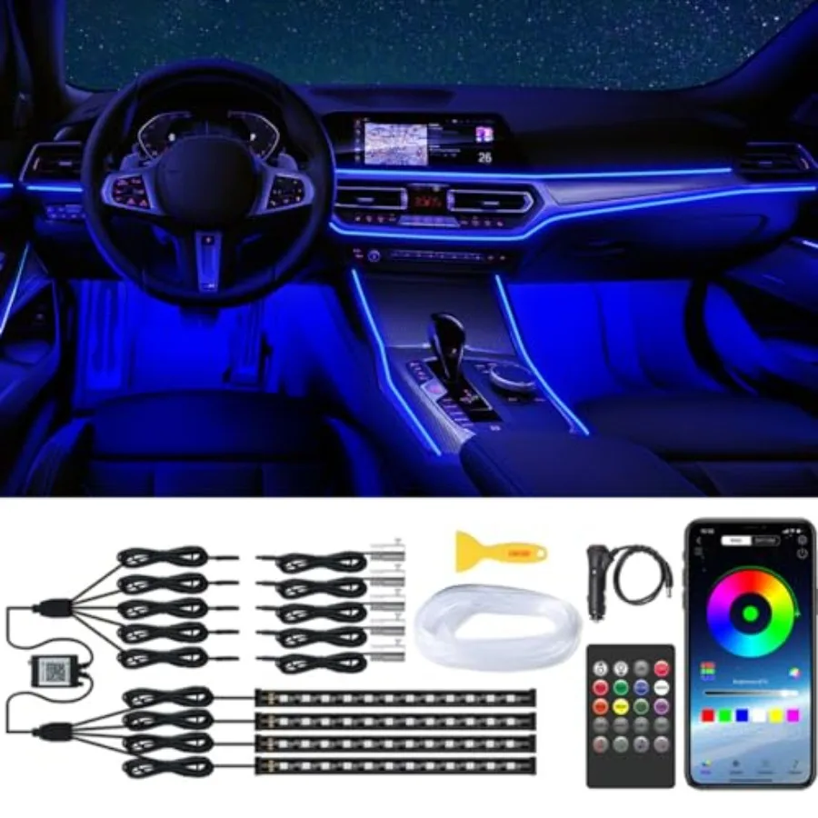 Interior Car Lights with Wireless APP and Remote Control, 9 in 1 RGB Car Ambient Lighting Kit with 4 Under Dash Lights and 5 Fi