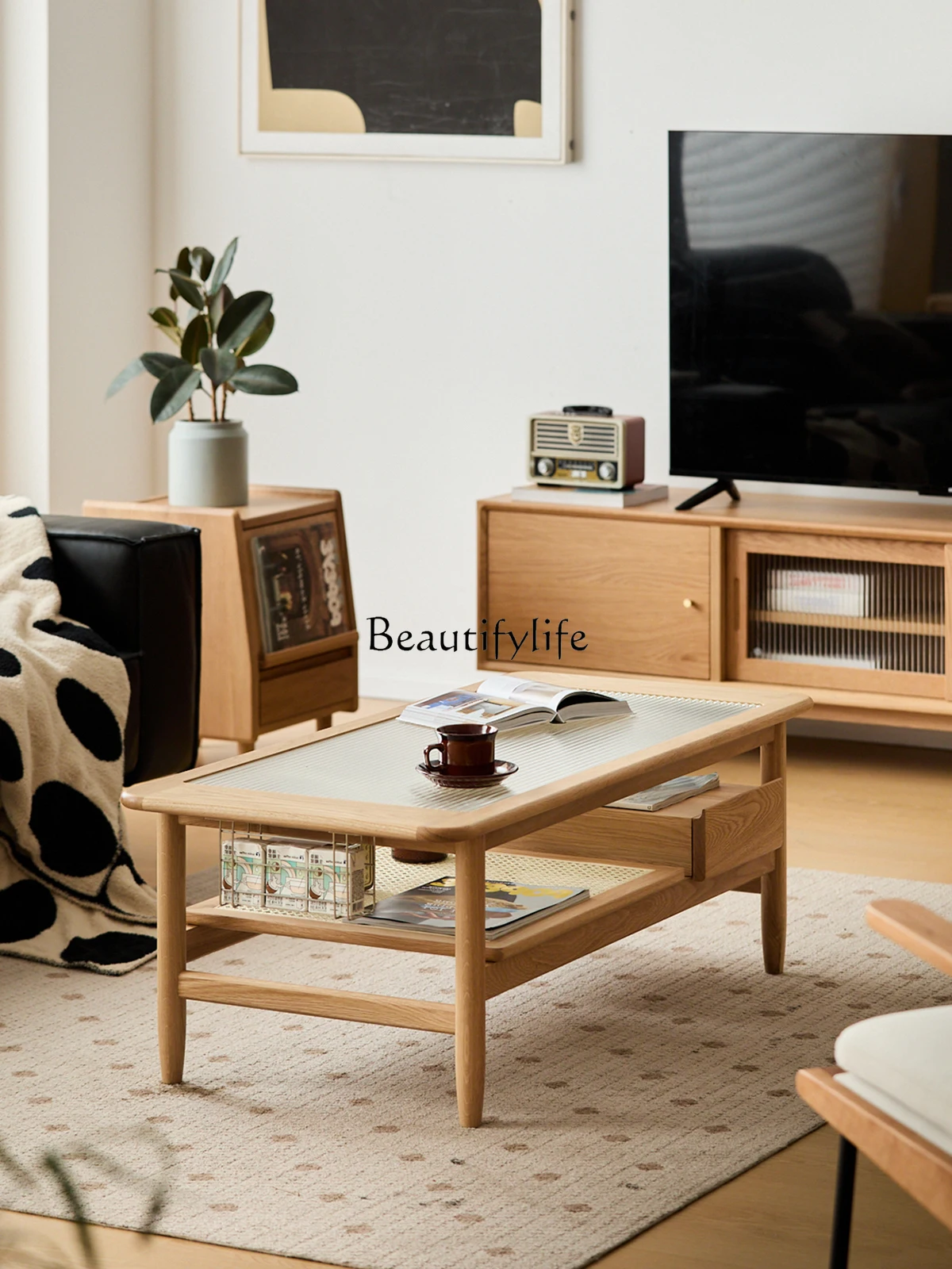 

Nordic Solid Wood Coffee Table Small Apartment Living Room White Oak Rattan Japanese Household Rectangular Table