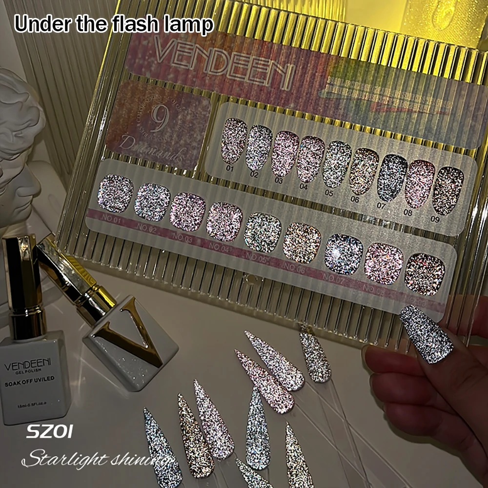 Vendeeni 9 Farben/Set Regenbogen Glitzer Gebrochener Diamant Gel Nagellack UV LED Aushärtbarer Gel-Lack Flash Nail Art Gel mit Display – Detail 10