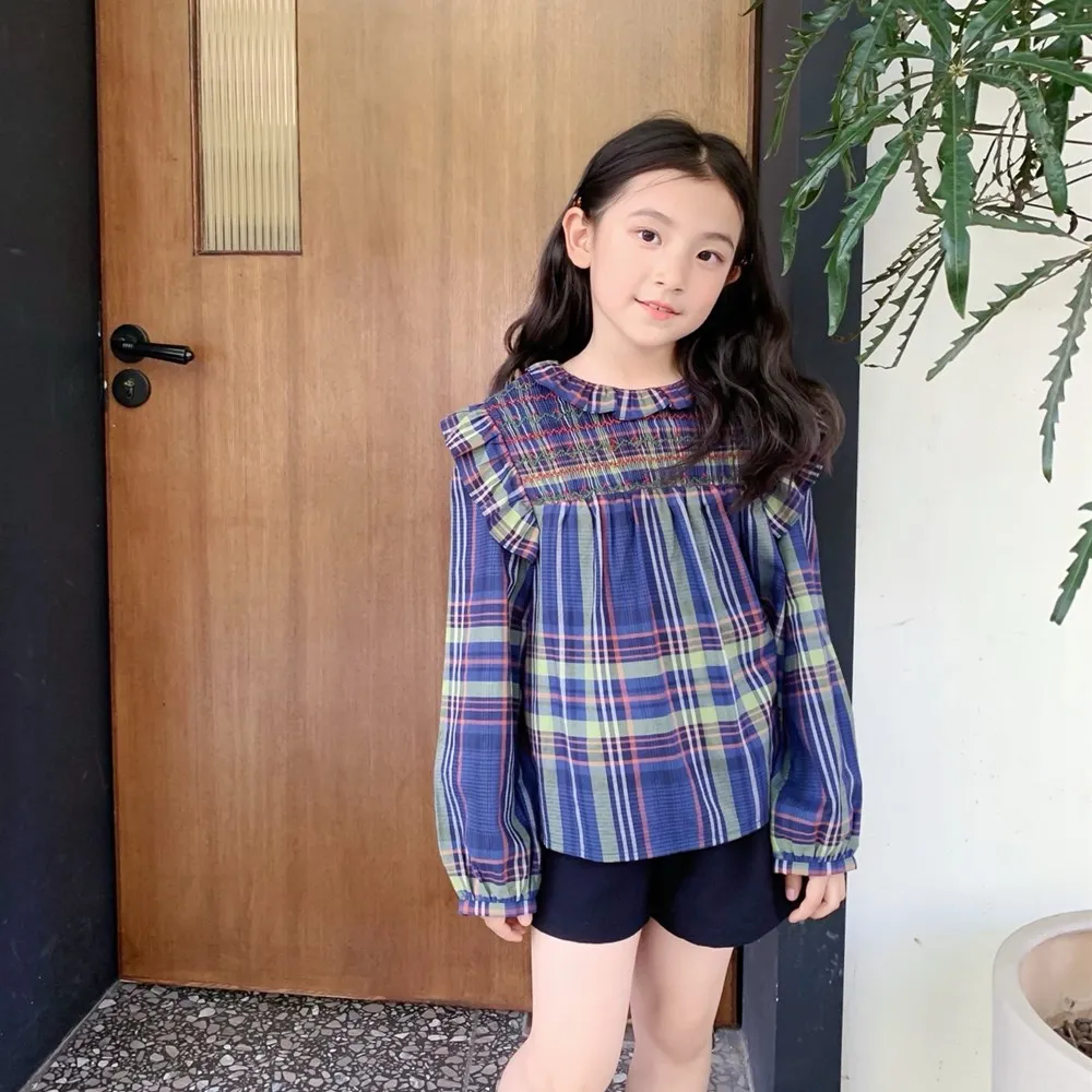 baby blouse European-style French checkered pattern girls long-sleeved top fashion sweet girls t-shirt