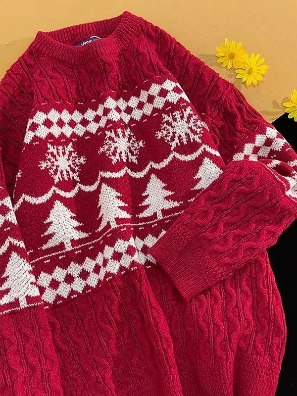 Cisas round Ne Sweater ex Autumn Winter Lazy Sle Knitted Red Oversize Couple Sweater Youthful Vitali Loose Fit