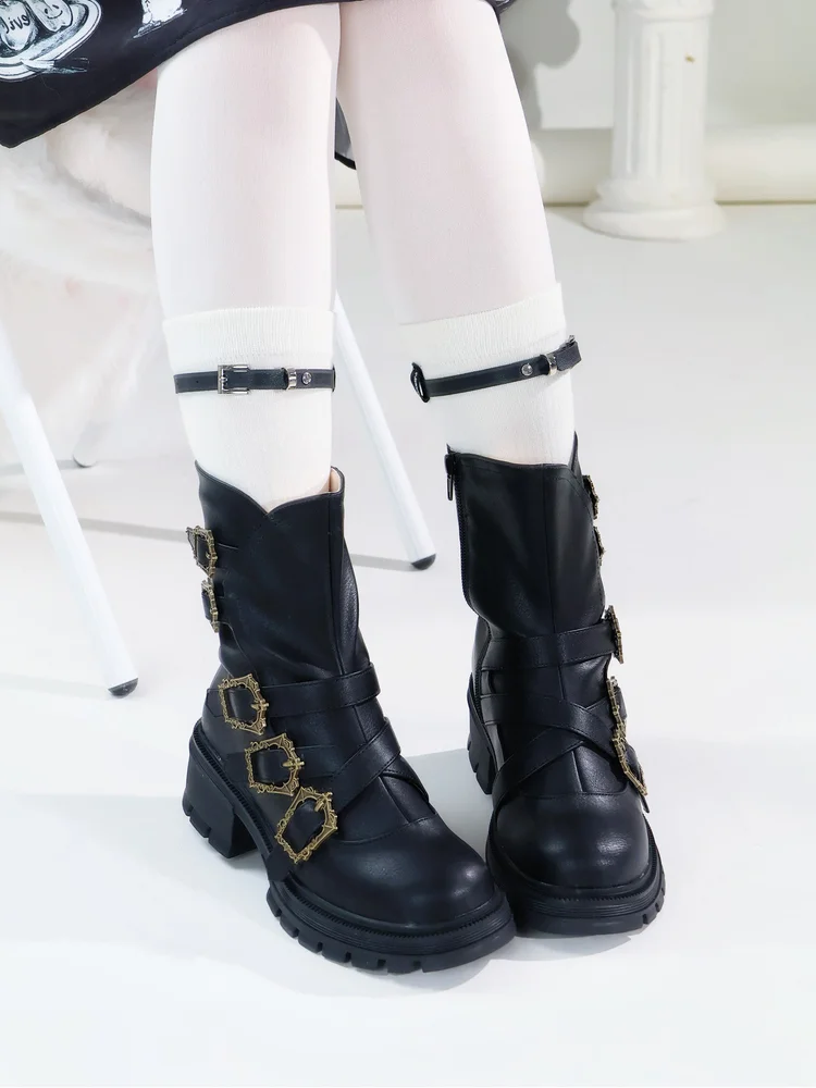 

Vintage Punk Lolita Ankle Boots Women's Buckle Strap Chunky Heel Combat Boots For Autumn & Winter Sweet Lolita Girl Boots