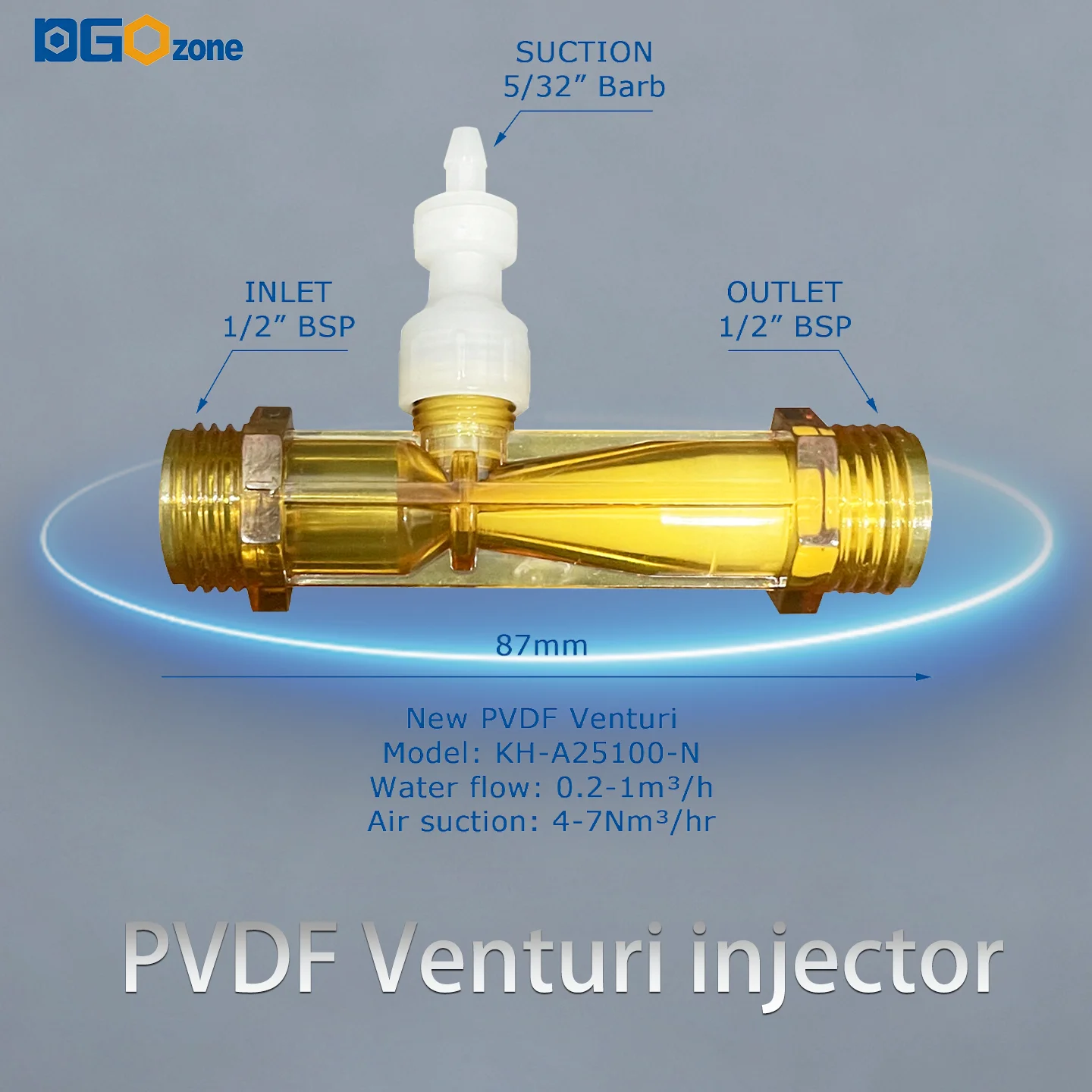 Injektor Venturi 1/2 inci dengan katup Orifice 1mm/2mm/3mm bahan PVDF Pencampur Gas Cair untuk Spa Taman Irigasi KH-A25100-N