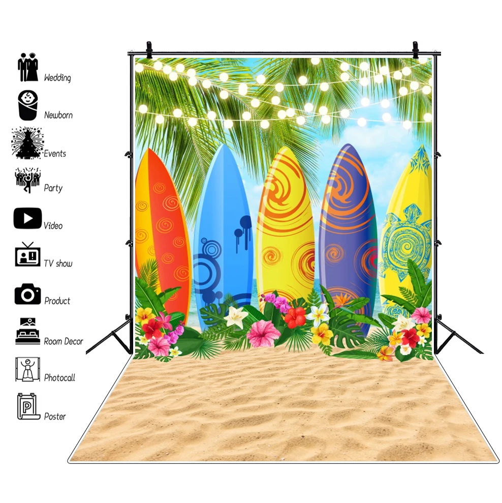 Summer Seaside Beach Bar Photography Backdrop Tropical Plant Flowers Surfboard Flamingo Decoration Family Party Photo Background