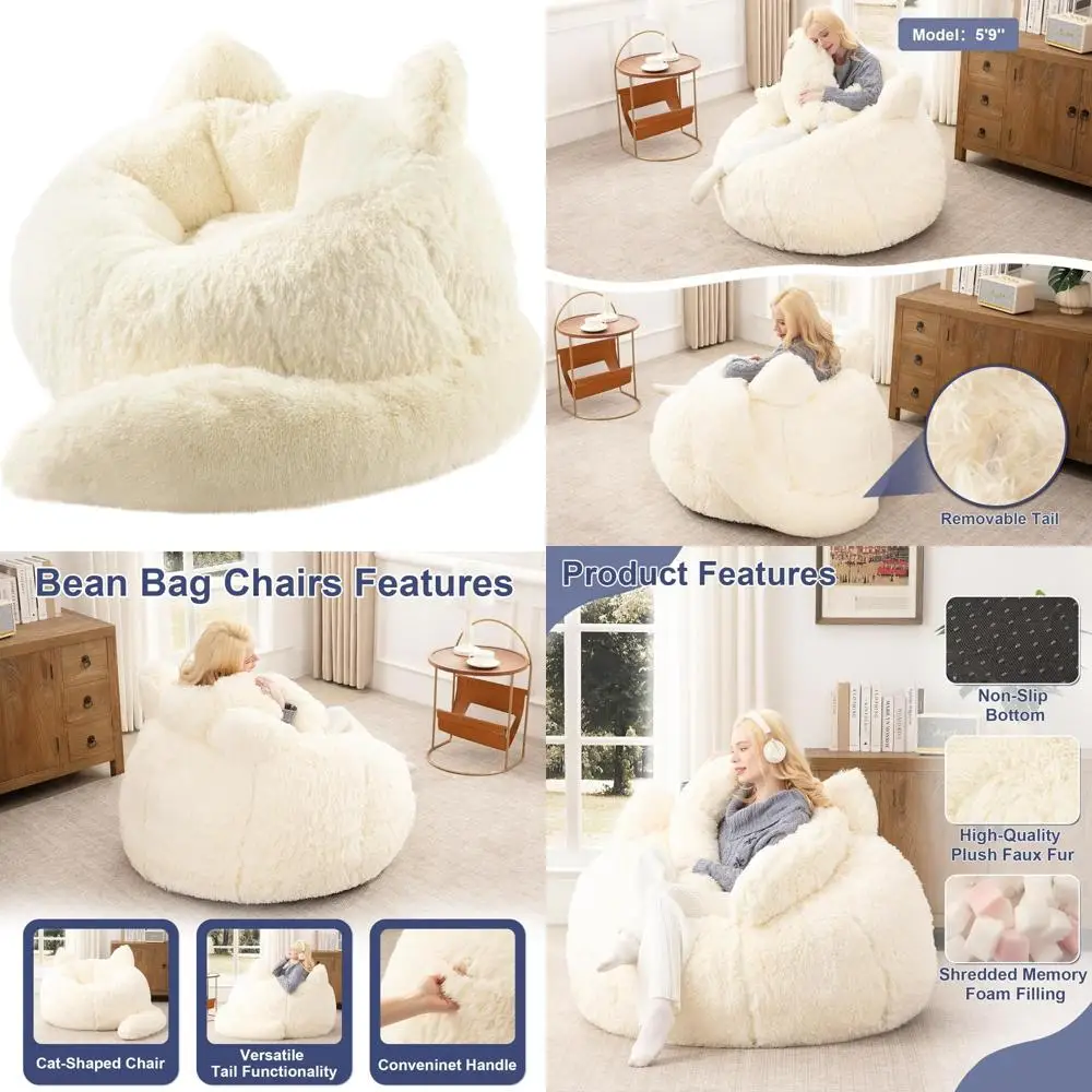 

Adults and Teens Faux Fur Giant Bean Bag Chair - Plush Fluffy Cat-Shaped Beanbag Couch for Comfortable Seating