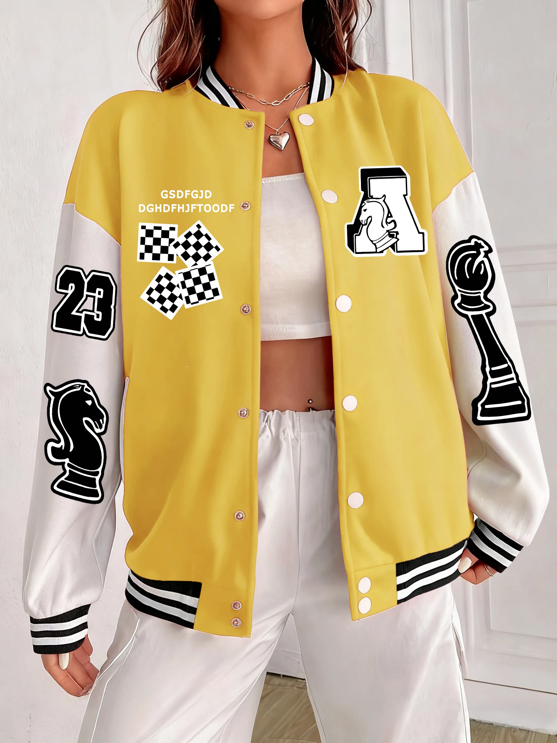 

Женская куртка с принтом «Шахматы и номер 23, американская повседневная бейсбольная форма, хлопковая свободная одежда, осенняя модная уличная одежда
