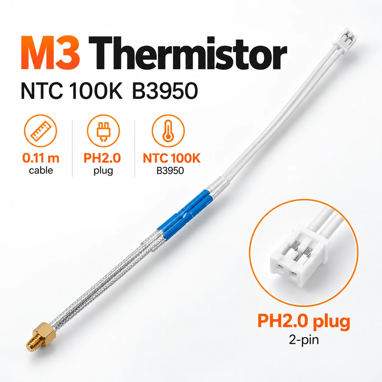 M3 Thread Thermistor for 3D Printer Extruder Hotend 100K NTC 3950 V6 V5 MK8 CR10 M3 Thread Heatblock