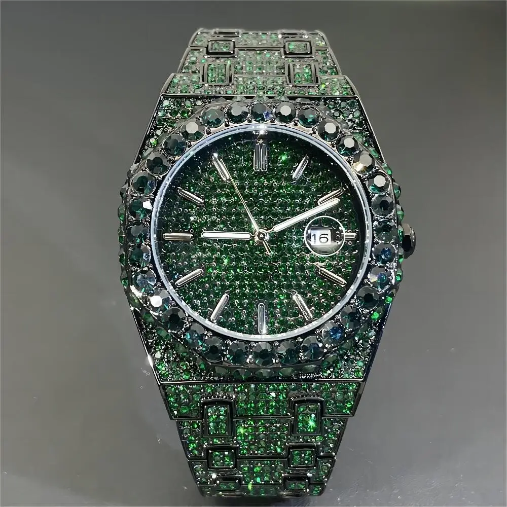 

2024 New MISSFOX Hip Hop Men's Iced Watches Fashion Automatic Date AAA Quartz Clocks Green Diamond Jewelry WristWatch Man Reloj