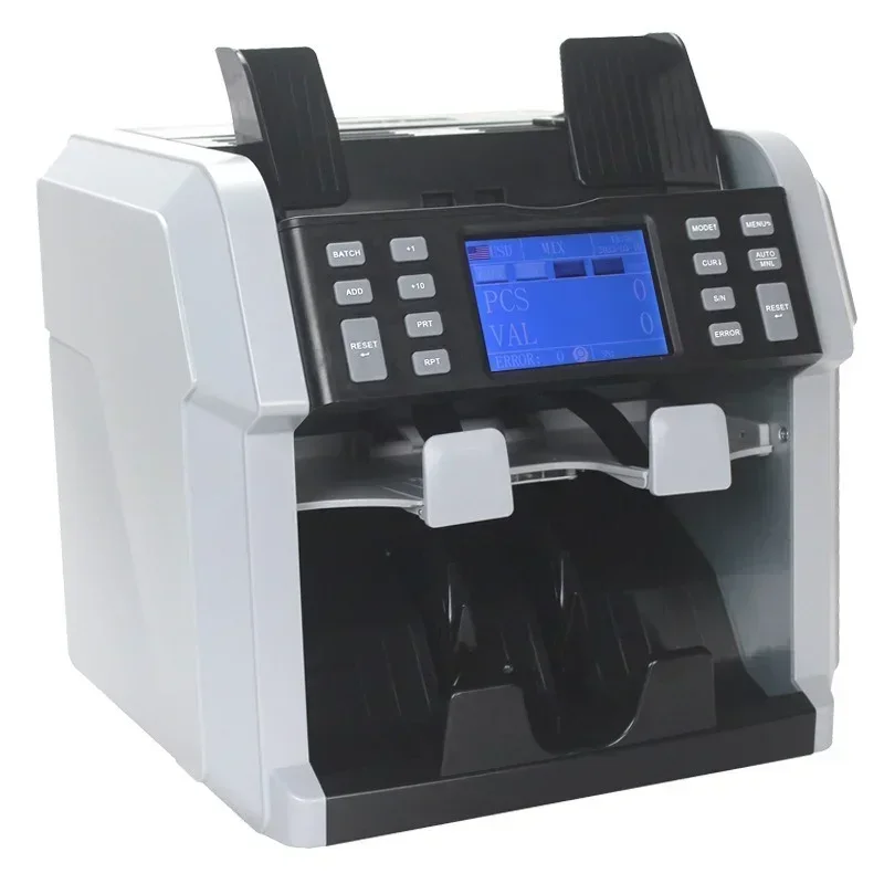 Mixed-denomination banknote counter with touchscreen and built-in printer; supports multi-currency counting and sorting.