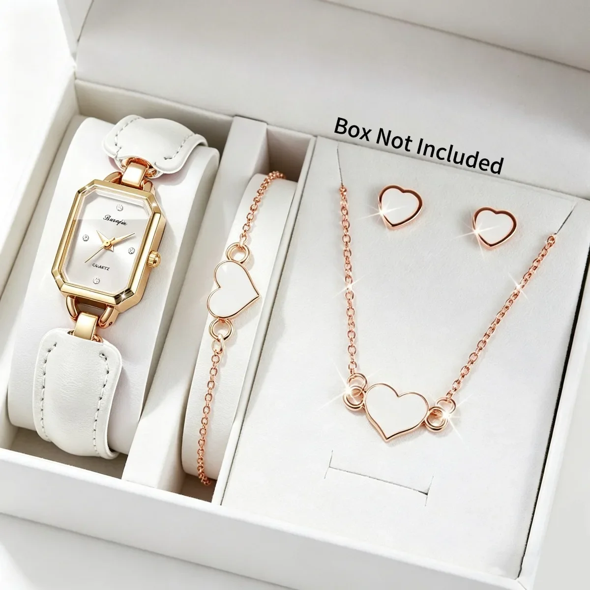 French Gentle White Peach Heart Jewelry Set - Light Luxury White Square Quartz Watch Student BFF Gift Box Set