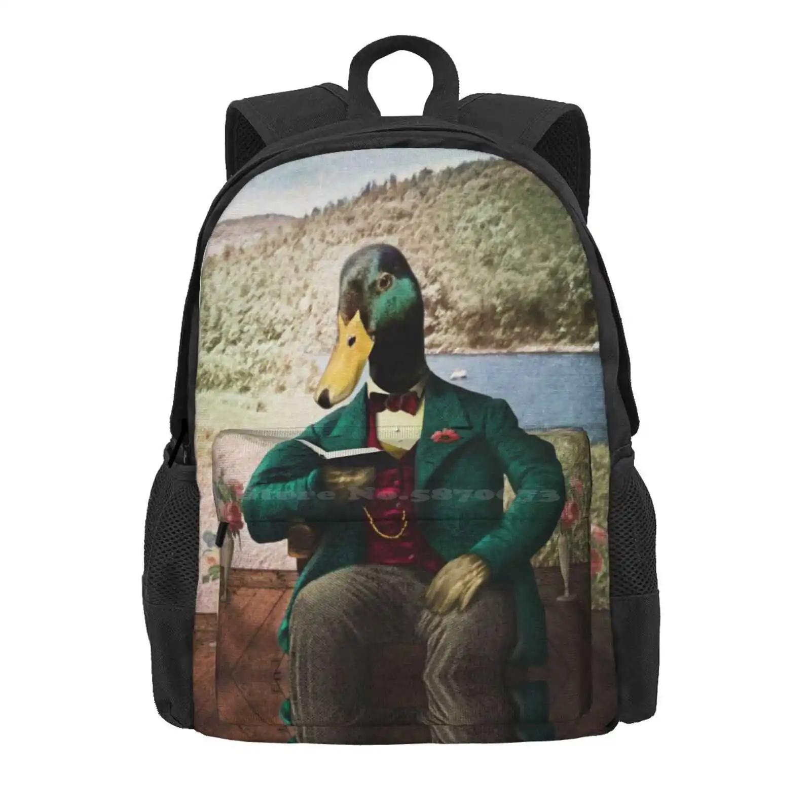 Monsieur Mallard Reading An Improving Book Hot Sale Schoolbag Backpack Fashion Bags Animals Duck Drake Bird Mallard Books