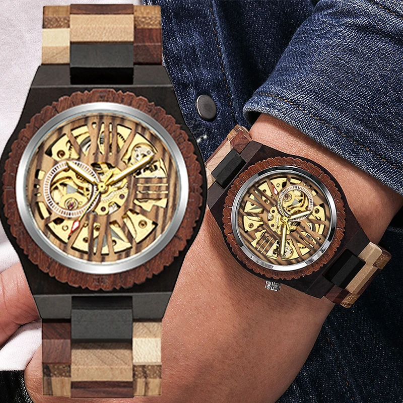 

Automatic Mechanical Men Watches Natural Walnut Wood Bracelet Self Winding Wristwatch Folding Clasp Man Wooden Watch 2023 reloj