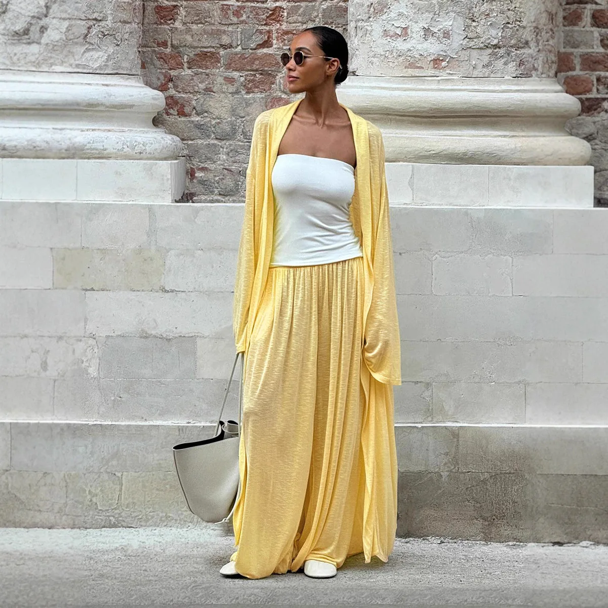 

Пляжный женский осенний комплект из 2 предметов, однотонный женский кардиган с длинными рукавами и эластичной резинкой на талии, брюки-фонарики для женщин