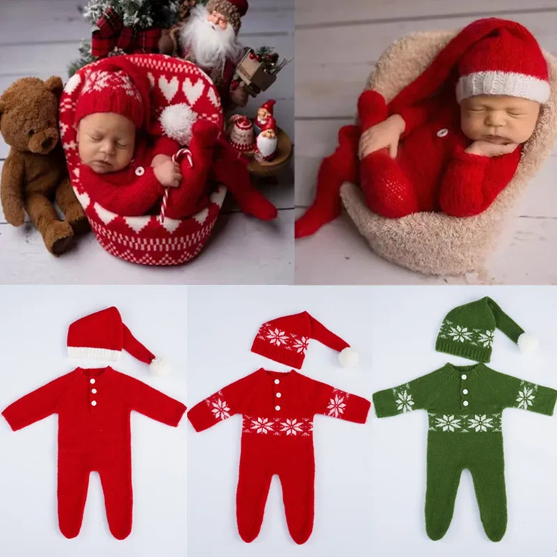 Fotografia adereços traje mohair natal macacão + chapéu do bebê papai noel cosplay roupas estúdio foto tiro acessórios