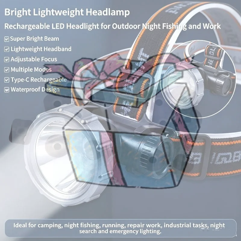 【CCA】LED Strong Light Headlight USB Rechargeable Super Bright Head Flashlight  Lighting Modes Camping Fishing Running Headlamp
